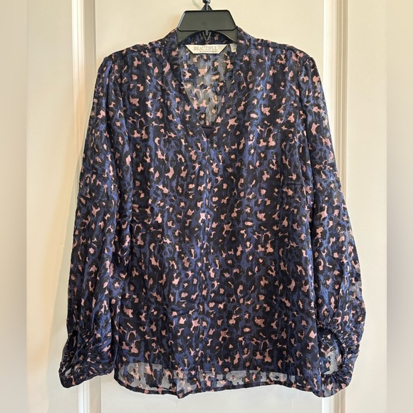 Beautiful by Lawrence Zarian Navy Pink Leopard Print Sheer Blouse - Picture 1 of 3